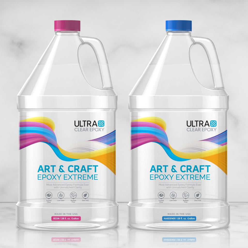 Two 1-gallon bottles of UltraClear Art & Craft Epoxy Extreme on light gray background