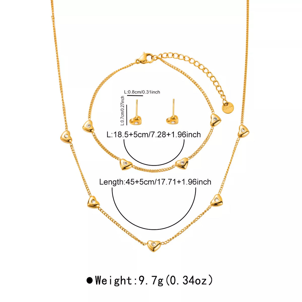 18K gold-plated heart jewelry set with necklace bracelet and crystal heart stud earrings with measurements on white background
