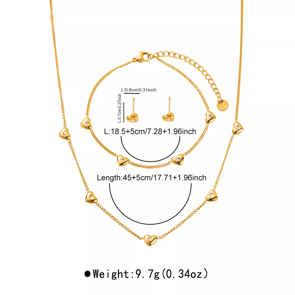18K gold-plated heart jewelry set with necklace bracelet and crystal heart stud earrings with measurements on white background