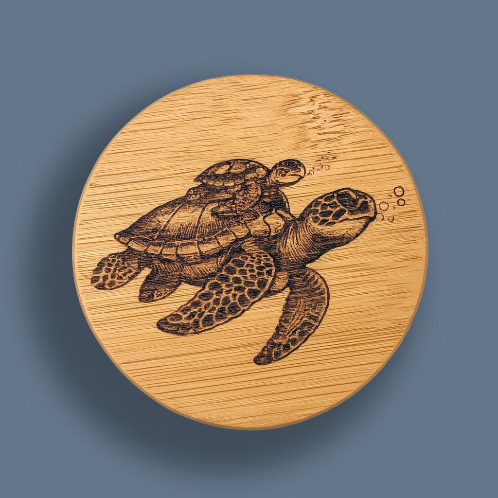 Bamboo storage container lid with engraved sea turtle design on blue background - eco-friendly multipurpose case