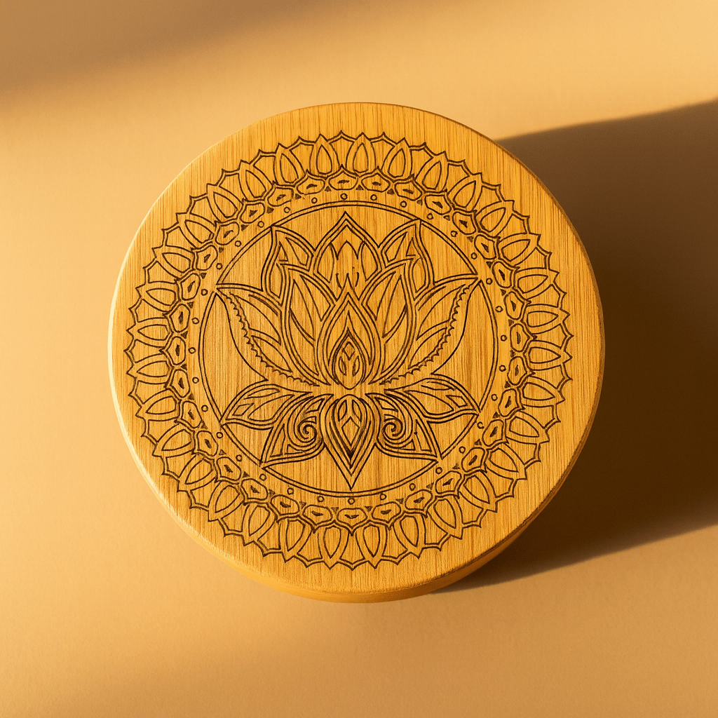 Bamboo storage container lid with detailed Lotus flower etched design on orange background - zero waste bathroom storage
