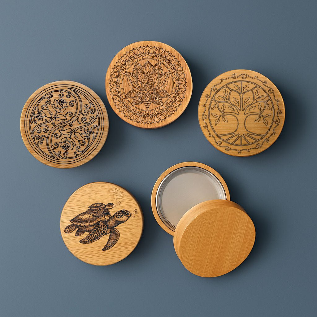 Set of 5 eco-friendly bamboo and tin storage containers with etched Tree of Life, Lotus, Yin Yang, and Turtle designs for zero-waste storage and candle making