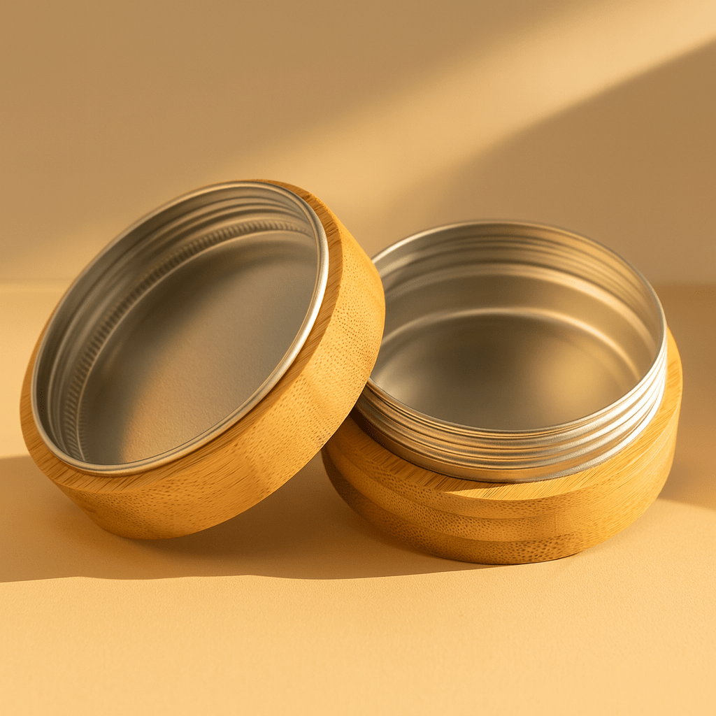 Open bamboo and tin multipurpose storage case showing metal screw-on canister interior and bamboo lid on beige background