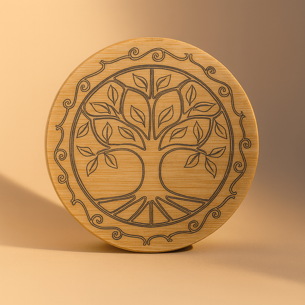 Bamboo storage container lid with intricate Tree of Life etched design on beige background - sustainable candle making supply