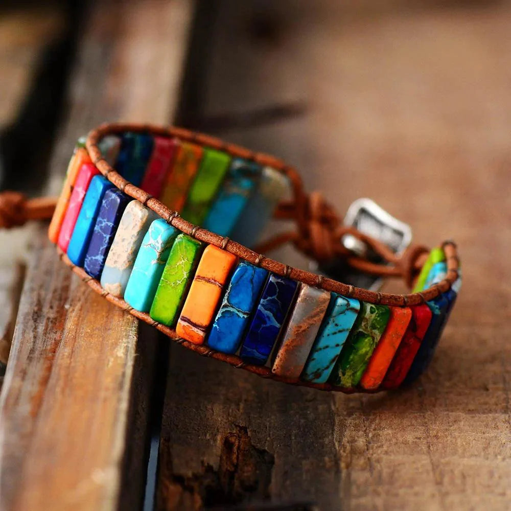 Front view of leather chakra wrap bracelet with multicolored semiprecious stone beads - boho adjustable spiritual jewelry