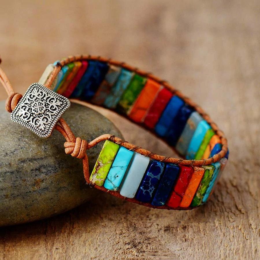 Boho leather wrap bracelet with multicolored semiprecious stone chakra beads and ornate vintage charm - adjustable spiritual statement jewelry by MANDOTOS