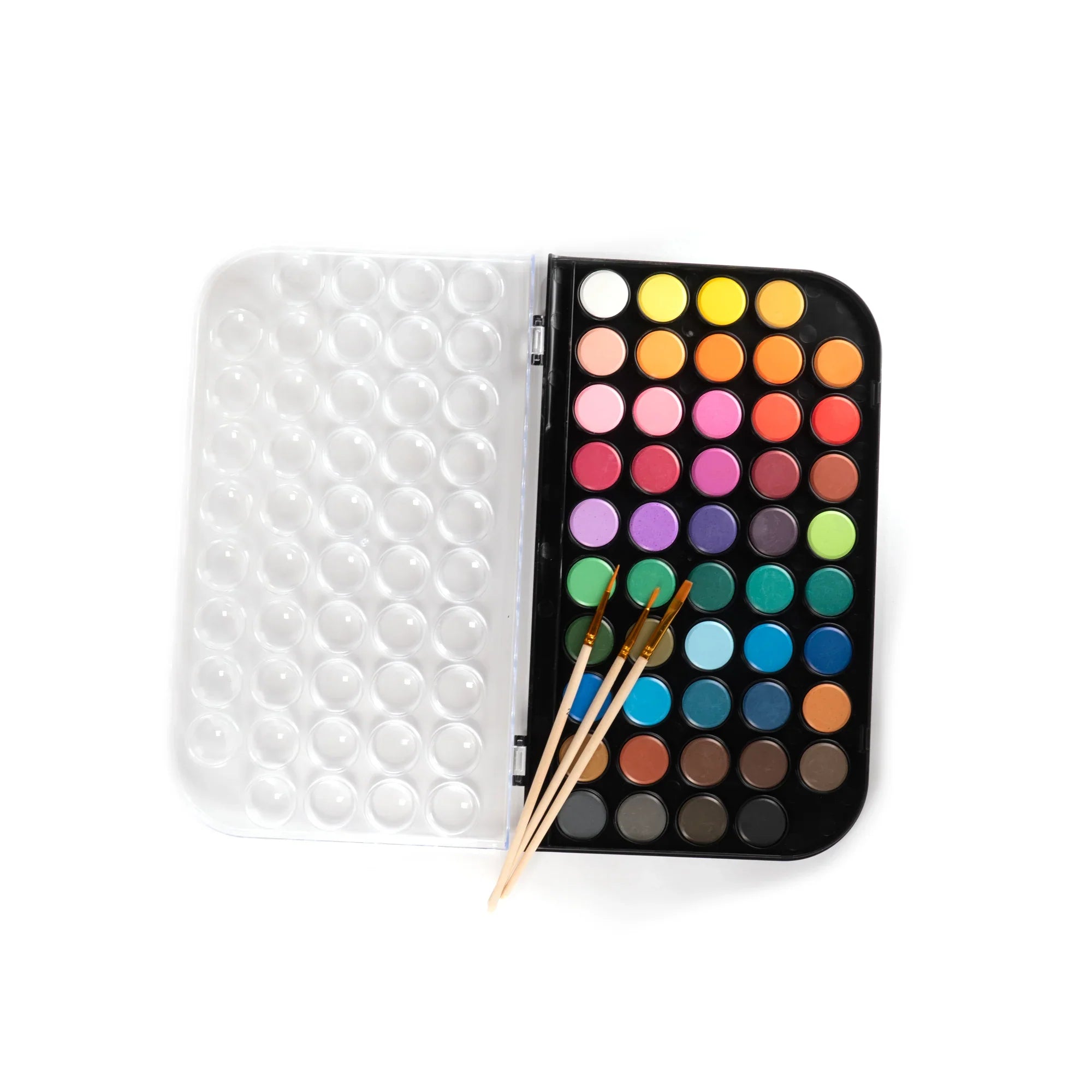 Colorful 48 color watercolor paint palette with 3 brushes on white background - vibrant watercolor set for artists