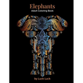 Elephants Adult Coloring Book by Lucy Luck - cover featuring elaborately detailed elephant design on black background