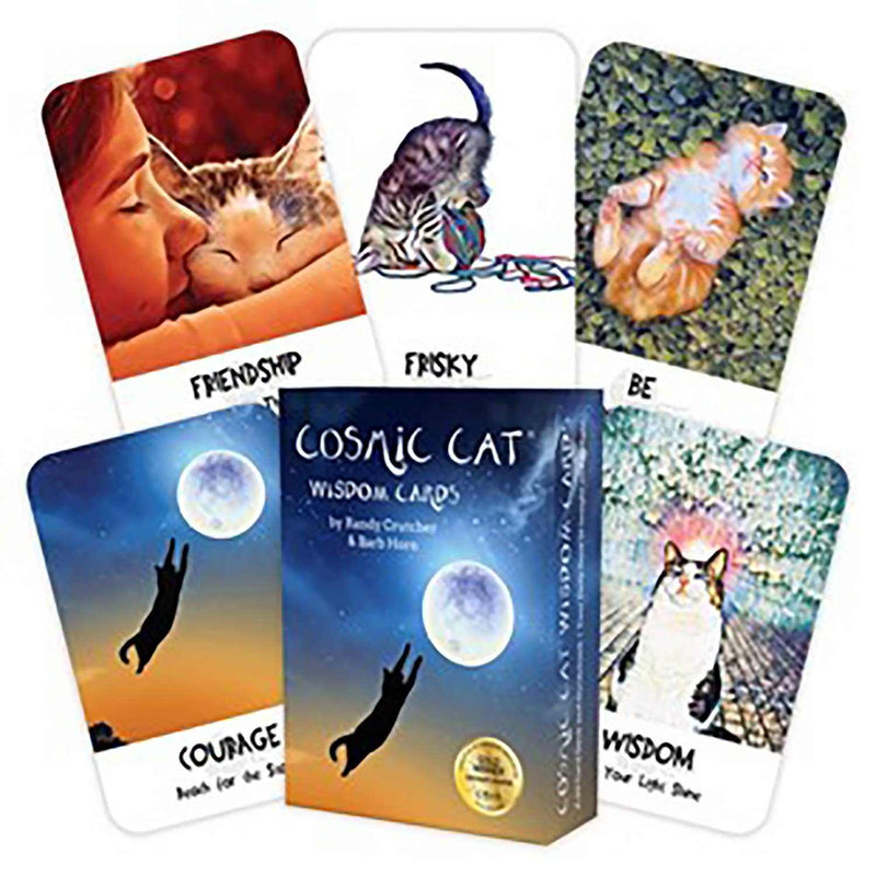 Set of Cosmic Cat Wisdom Cards with images of cats and their meanings on a white background.
