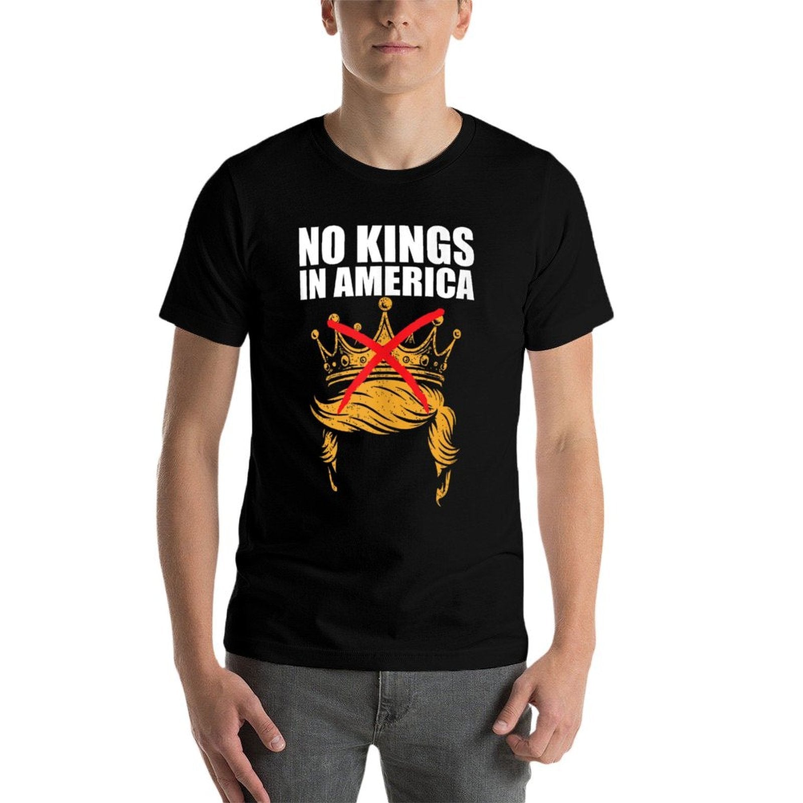 Person wearing a black t-shirt with 'No Kings in America' graphic design.
