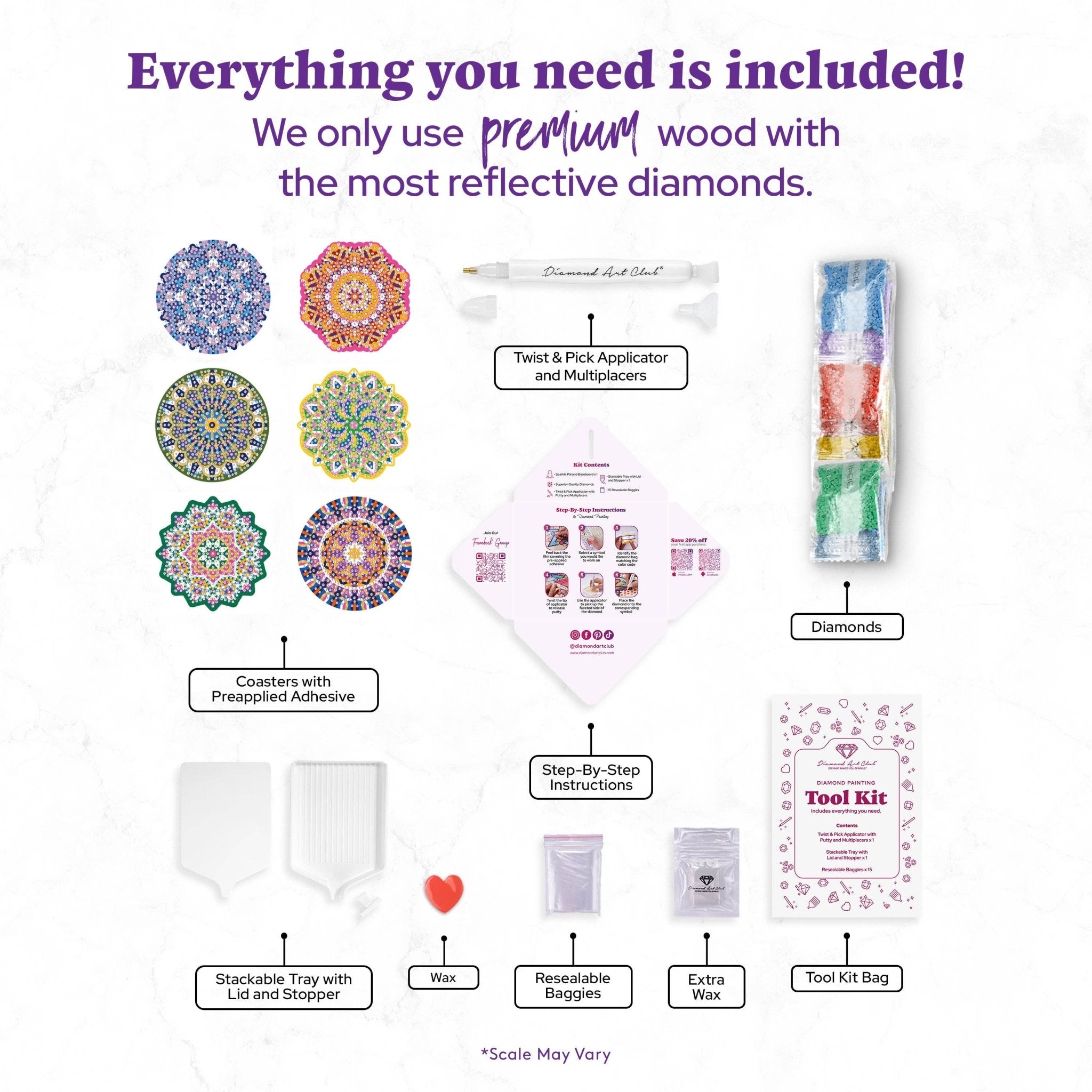 Diamond painting kit components with text highlighting premium materials on a white background