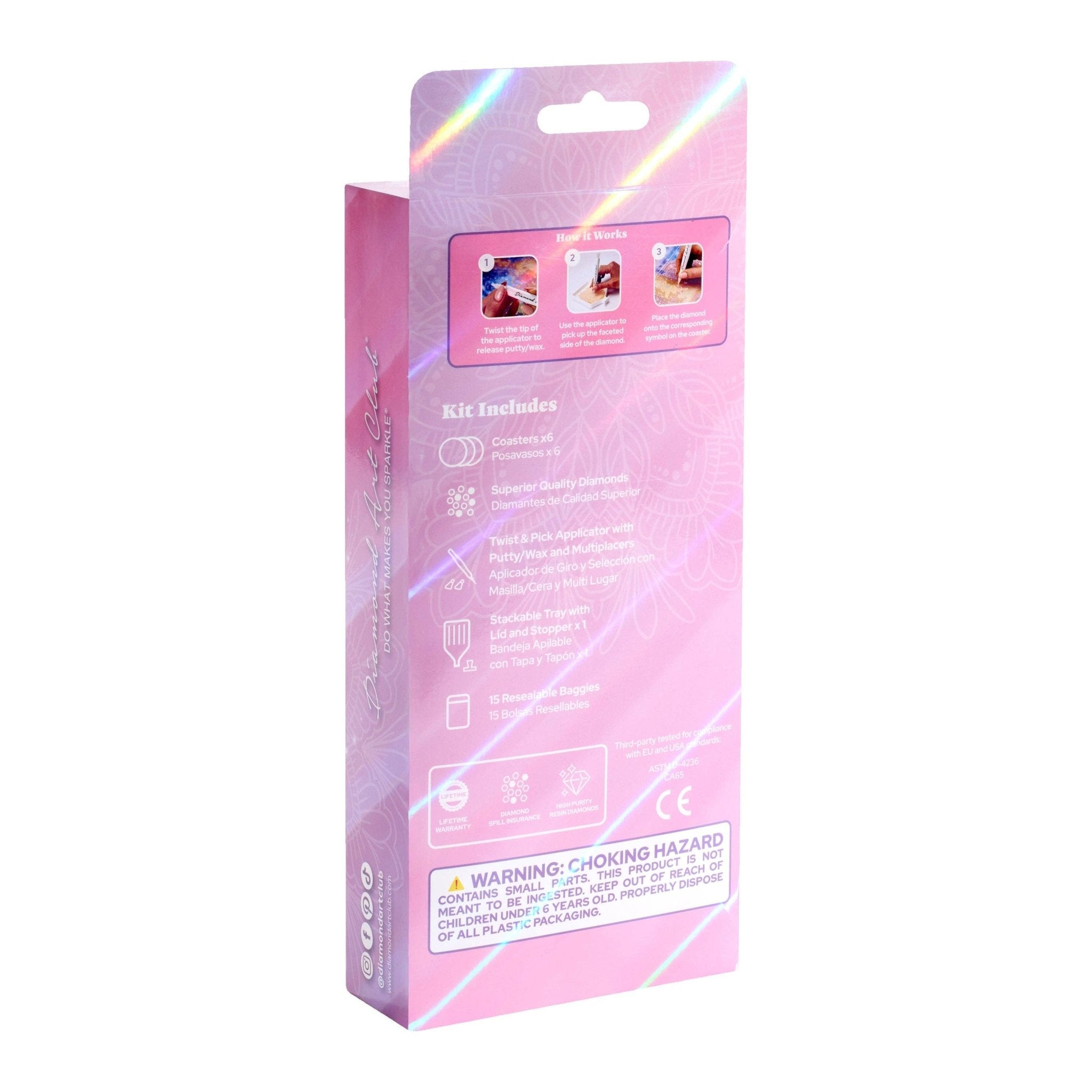 Back view of pink diamond art packaging box with text and image icons on a white background