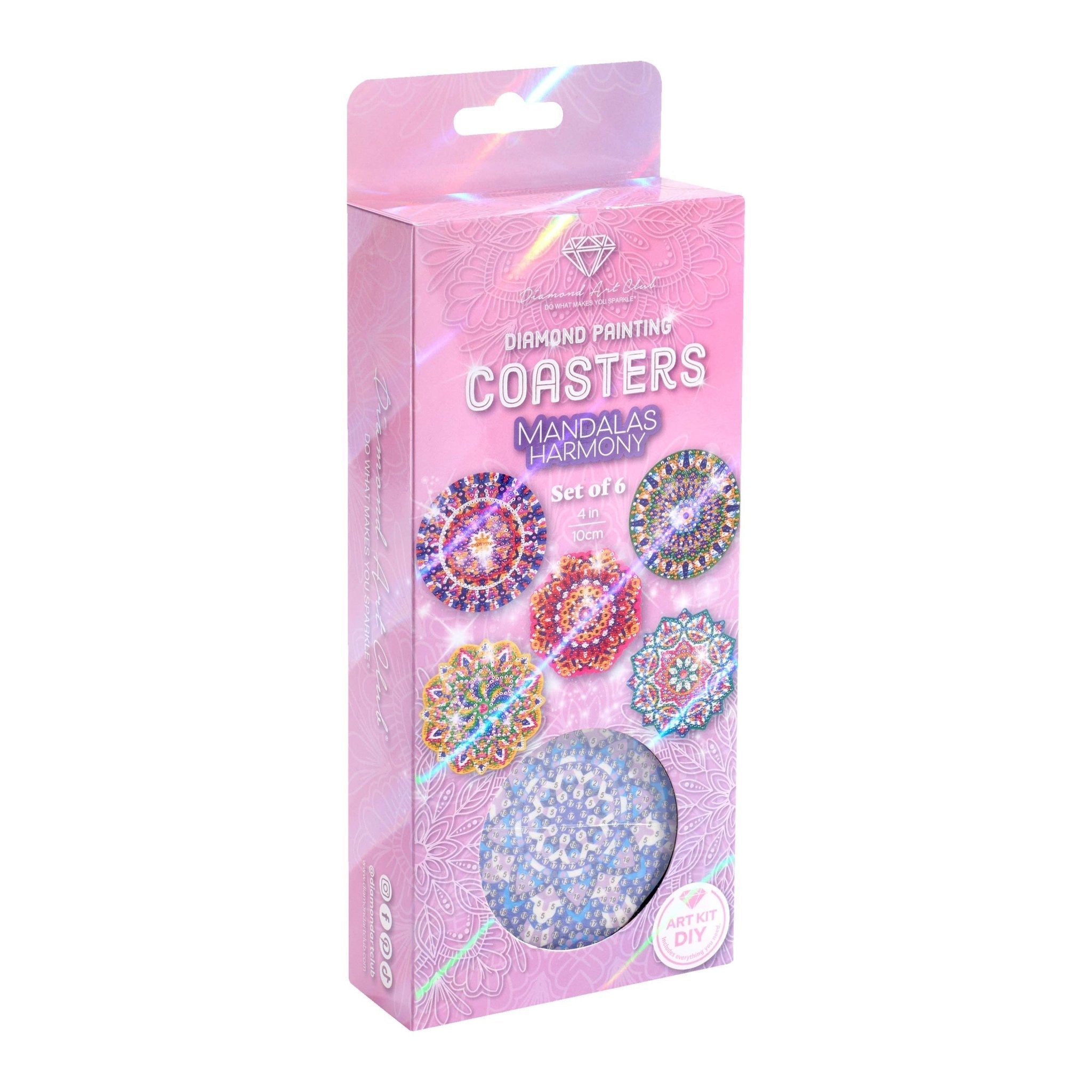 Pink box of diamond painting coaster kit with colorful mandala designs on a white background