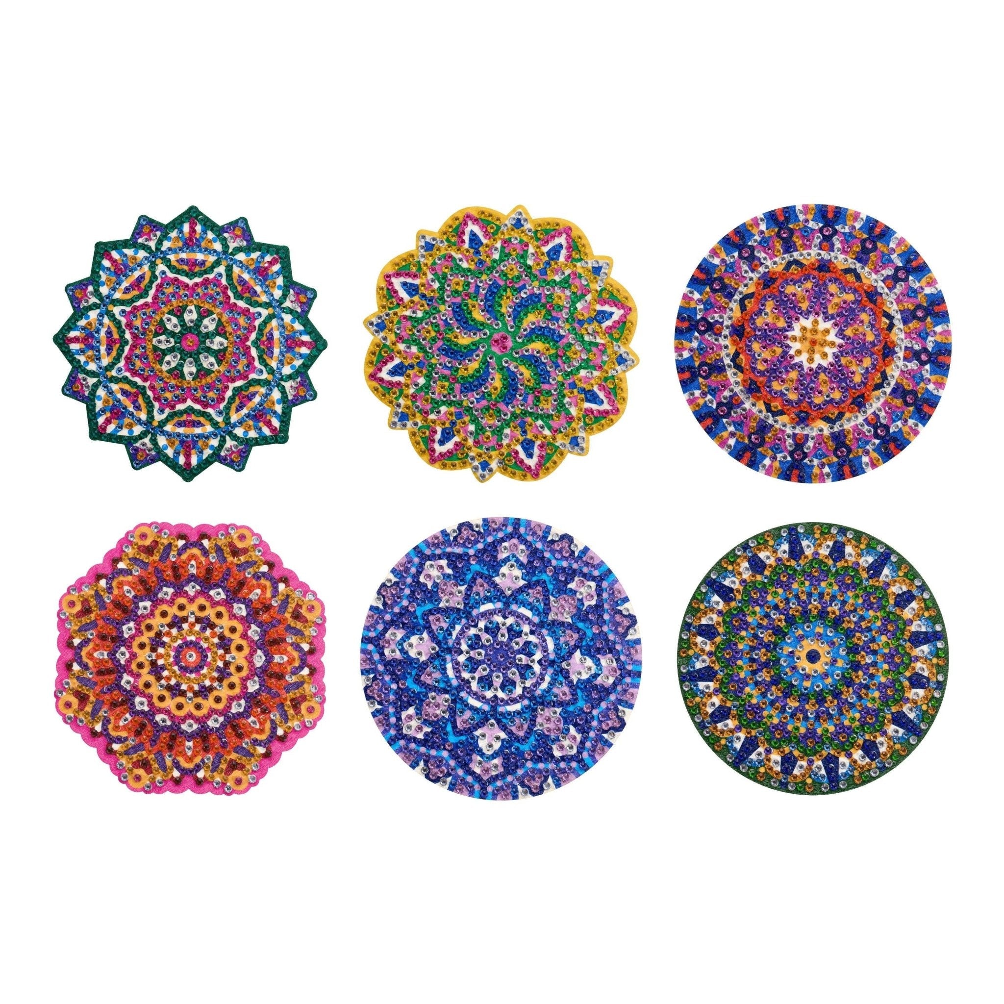 Set of six colorful diamond art mandala coasters on a white background