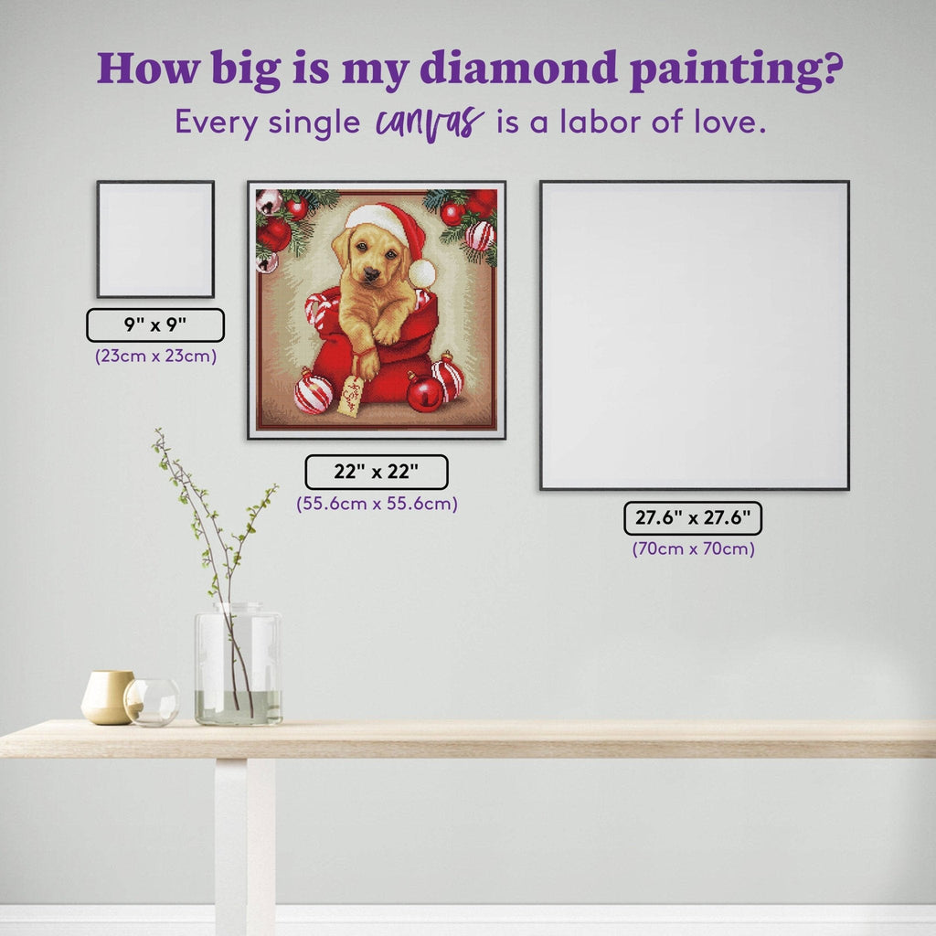 Diamond painting with a dog in a Santa hat with measurements on a white background.