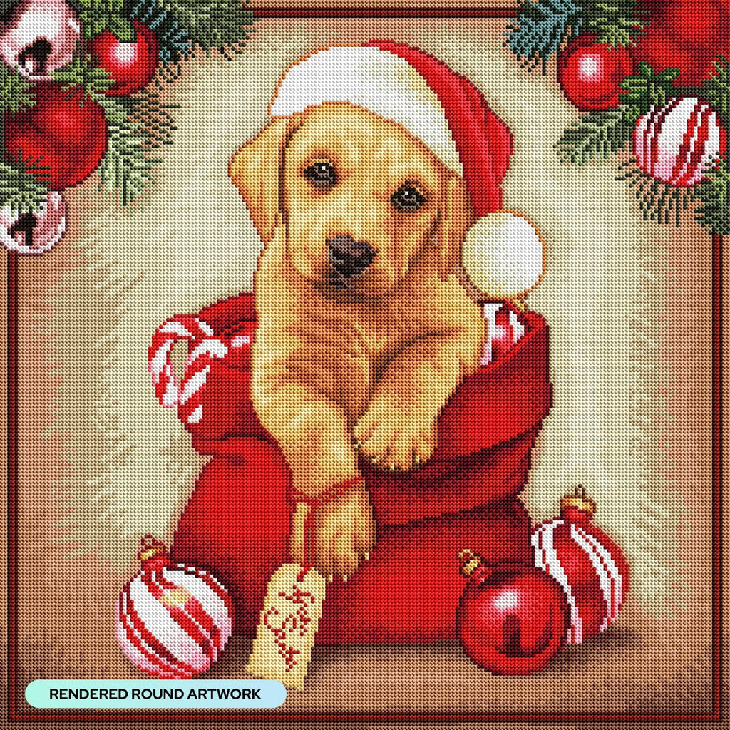 Christmas-themed diamond art canvas pattern with a puppy in a red velvet stocking surrounded by ornaments.