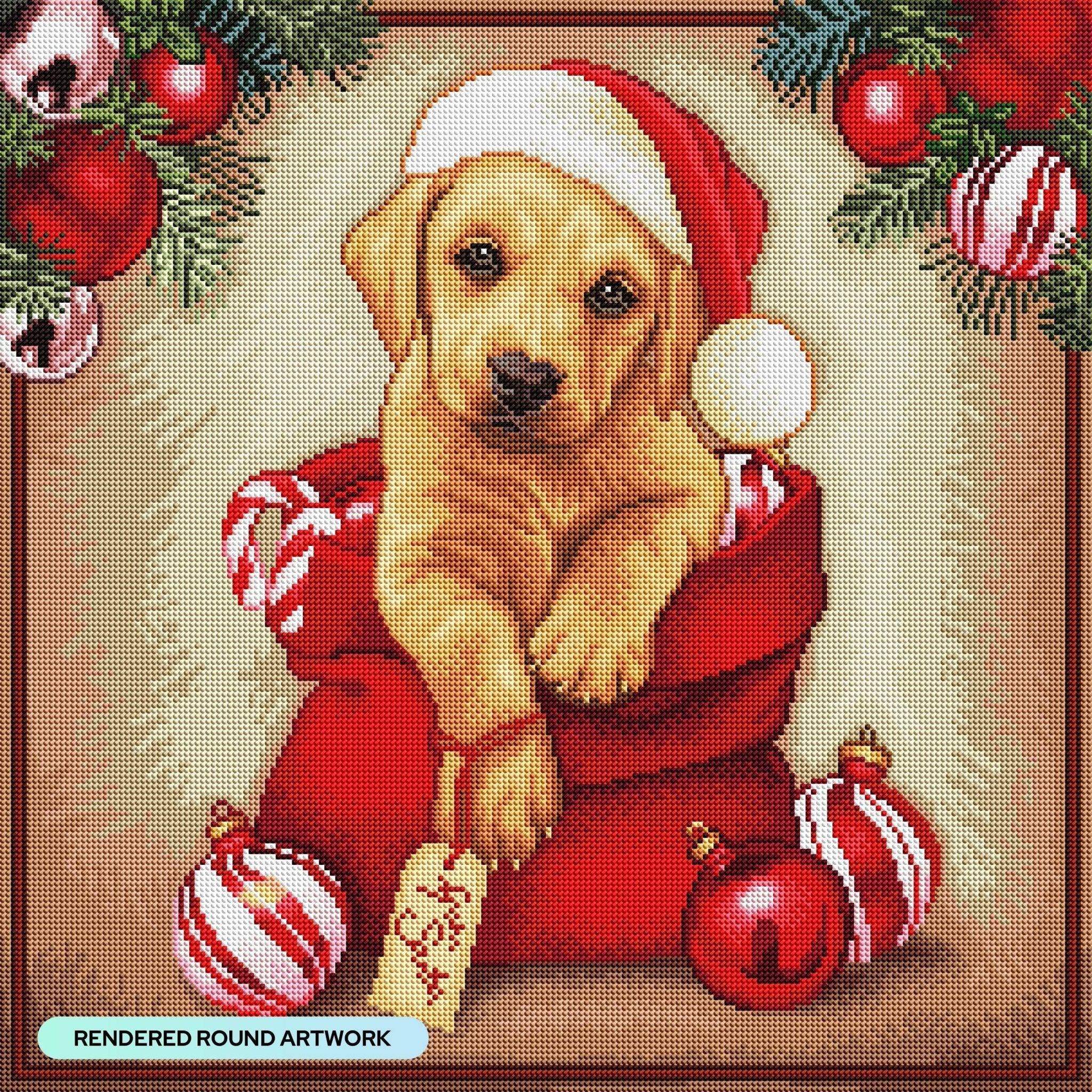 Christmas-themed diamond art canvas pattern with a puppy in a red velvet stocking surrounded by ornaments.
