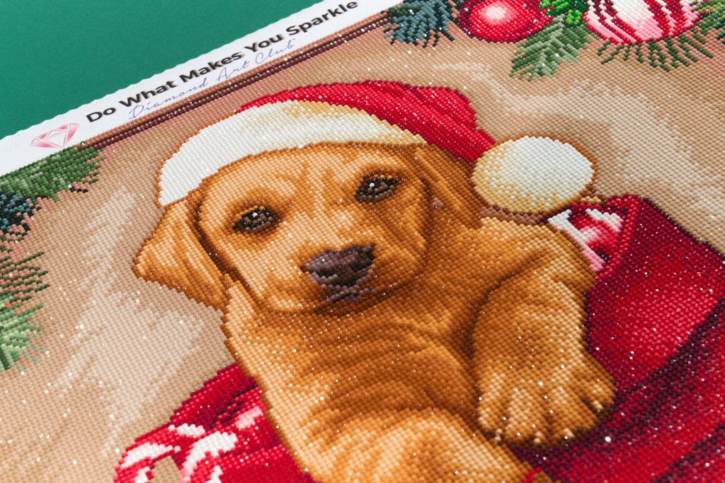 Closeup of diamond painting of a puppy wearing a Santa hat with Christmas-themed background