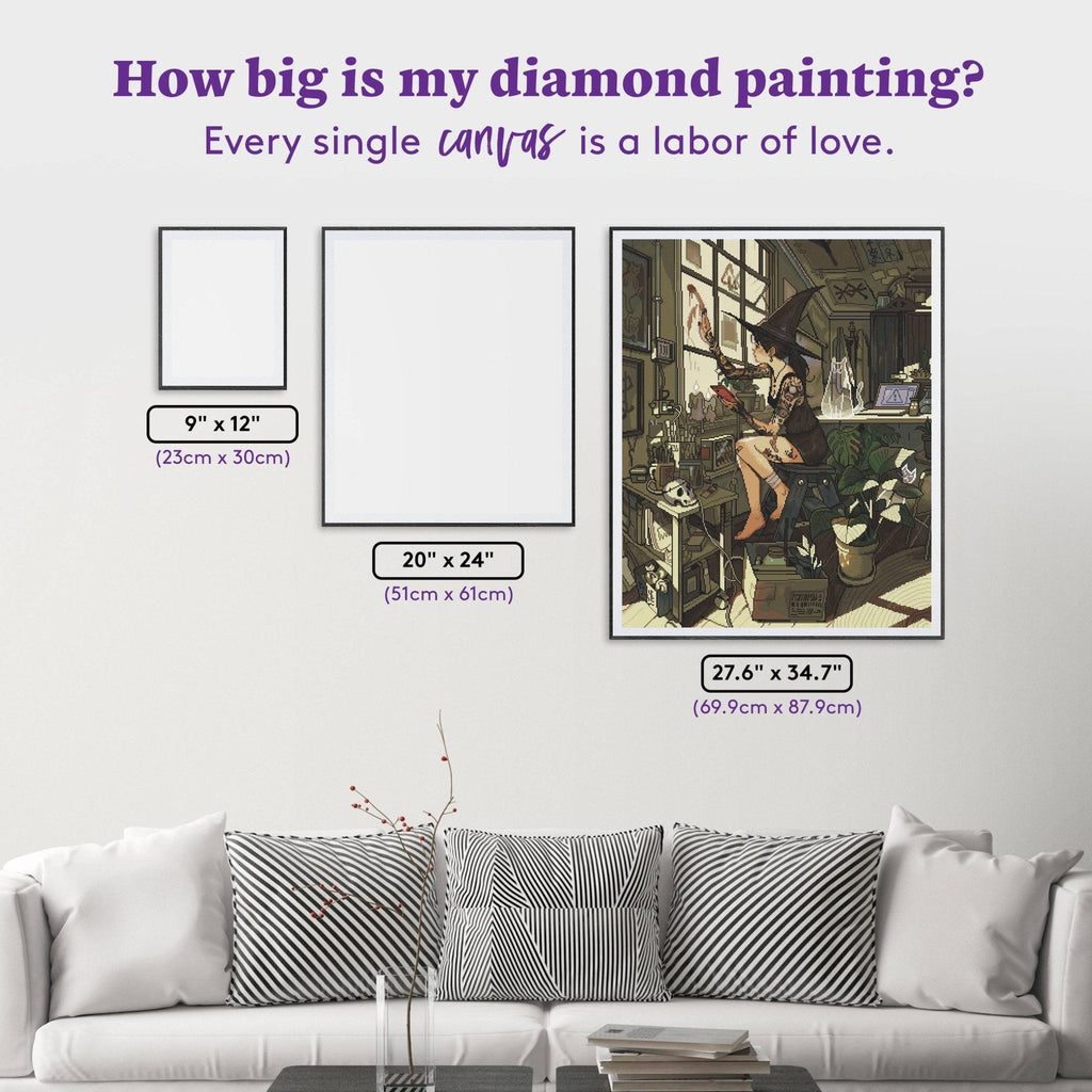 Diamond painting canvas with size measurements and a living room setting.