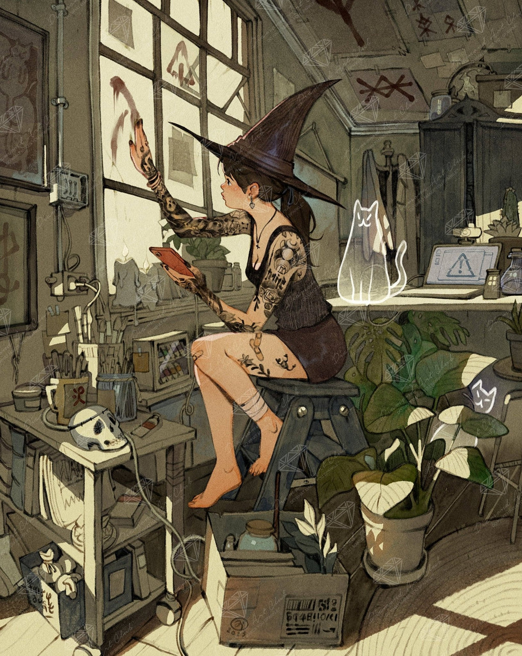 Woman in a witch hat sitting in a dusty artist studio with tattoos and a cellphone.