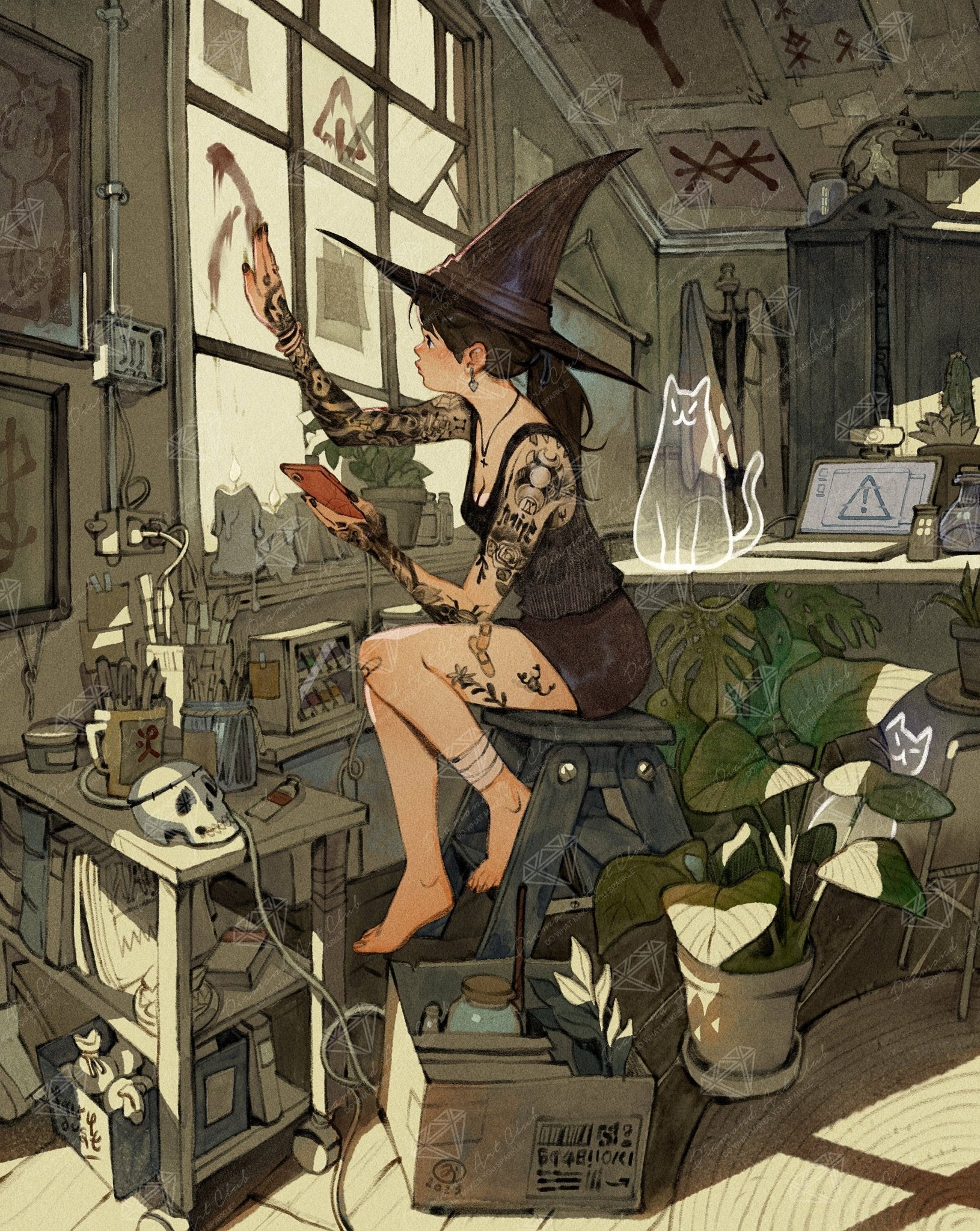 Woman in a witch hat sitting in a dusty artist studio with tattoos and a cellphone.