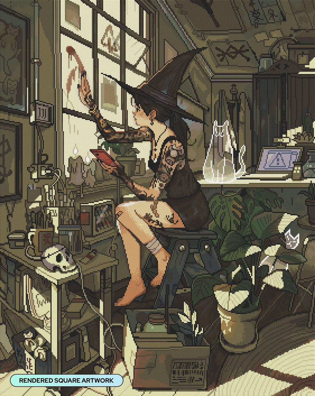 Diamond art canvas of a tattooed woman in a witch's hat in a cozy, cluttered room.