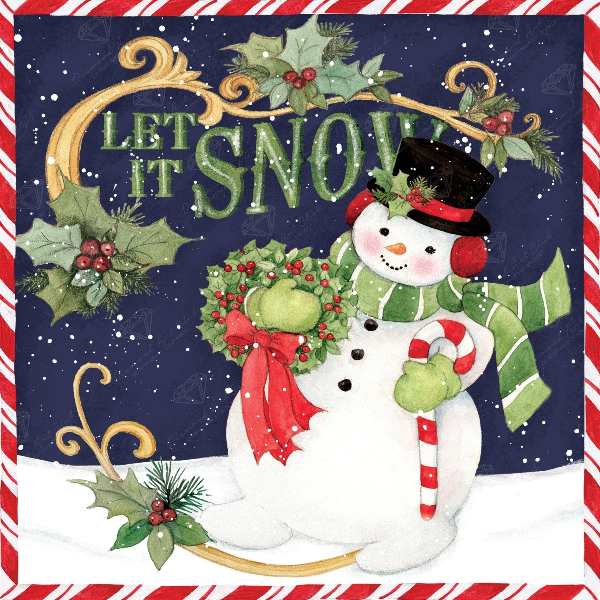 Christmas-themed diamond art design with a snowman holding a candy cane, surrounded by holly leaves and berries, against a dark blue background with 'Let It Snow' text.