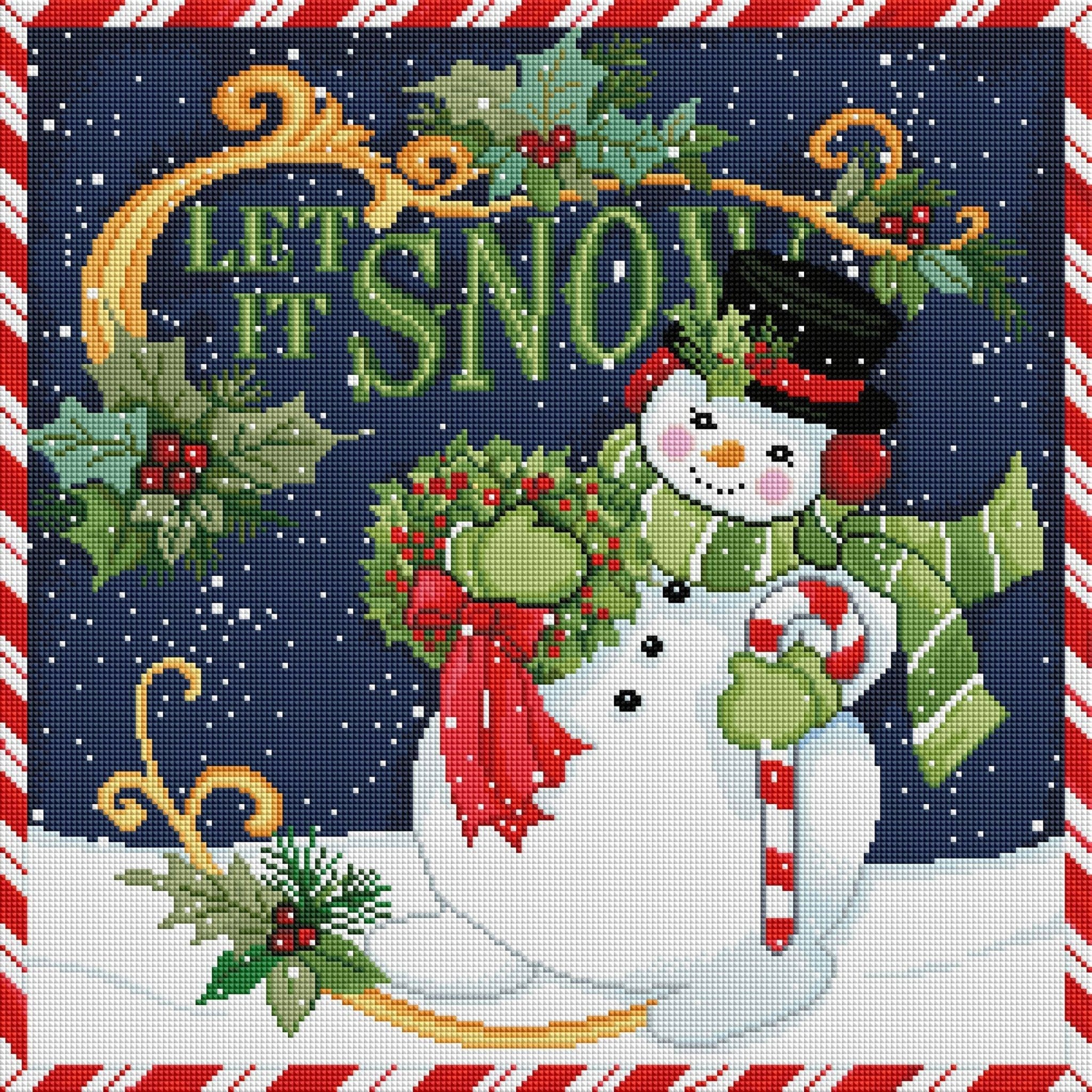 Diamond Art Kit snowman with candy cane and holly leaves, surrounded by festive text and decorations.