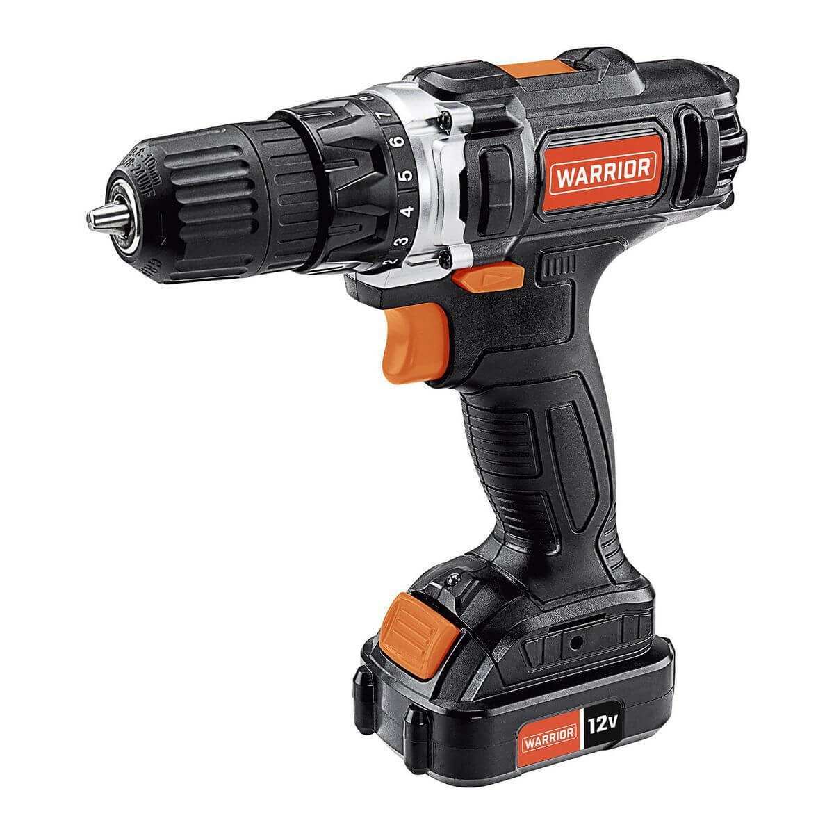 Close-up of Warrior cordless drill on white background - front left view showing ergonomic grip