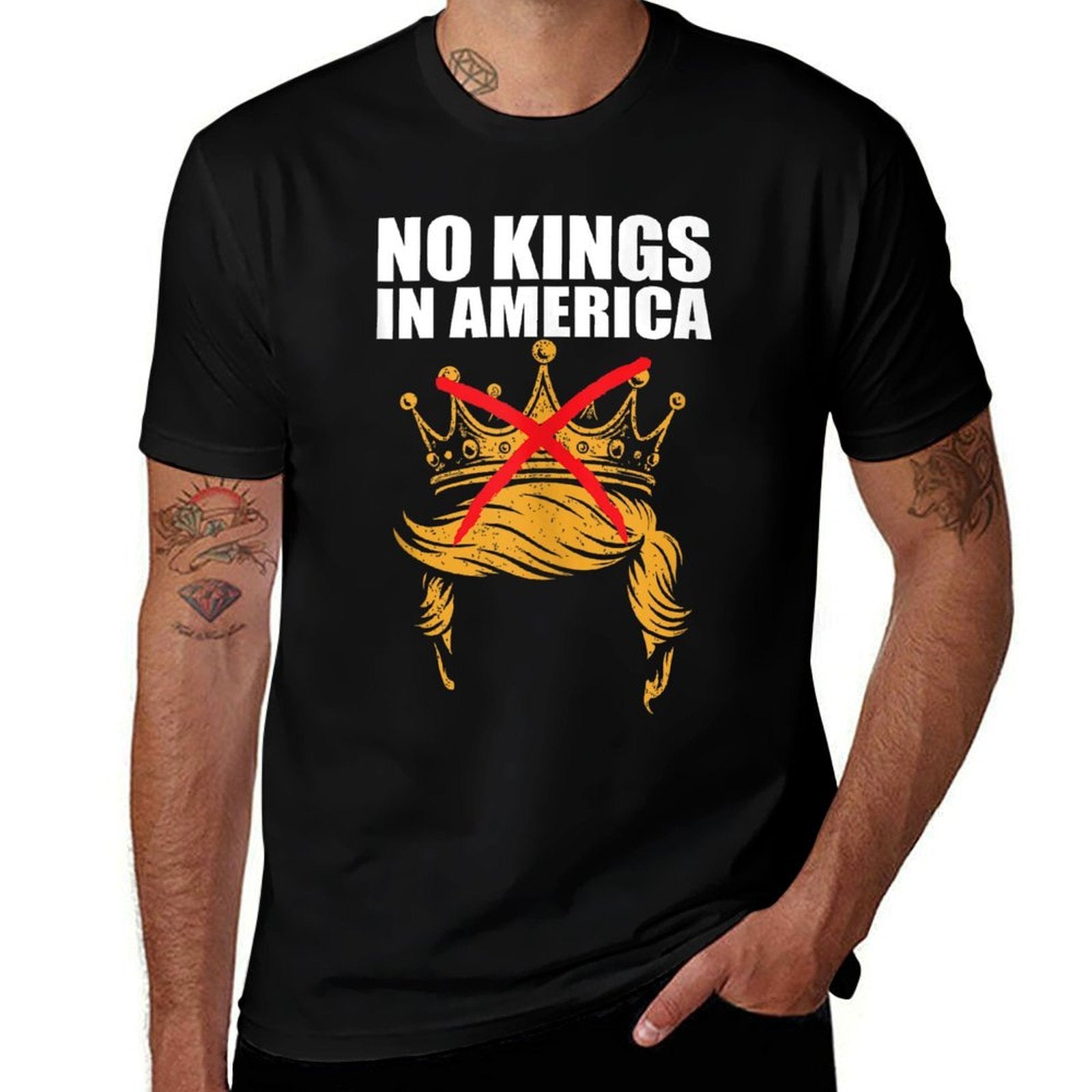Black t-shirt with 'No Kings in America' graphic design on a white background