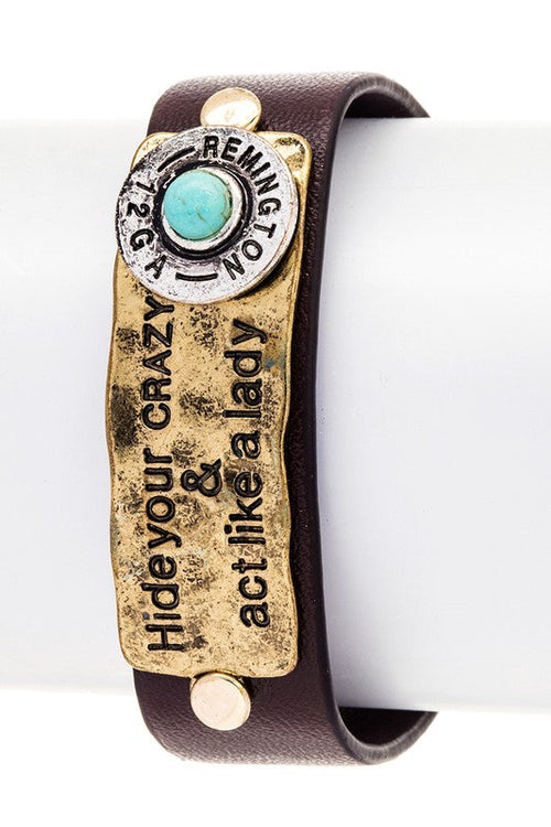 Bullet charm on leather bracelet with adjustable fit - edgy unisex boho jewelry by BandsCo Straps