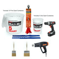 Premium epoxy resin art tool kit with graduated mixing buckets, cordless drill, heat gun, mixing tools, paint brushes, and disposable gloves on white background