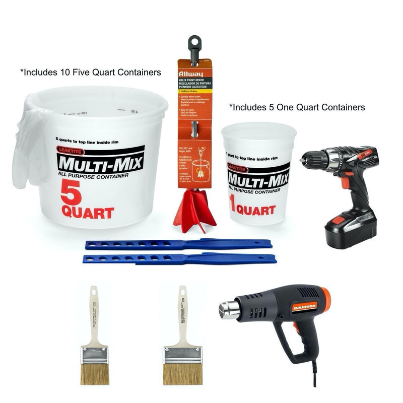Premium epoxy resin art tool kit with graduated mixing buckets, cordless drill, heat gun, mixing tools, paint brushes, and disposable gloves on white background