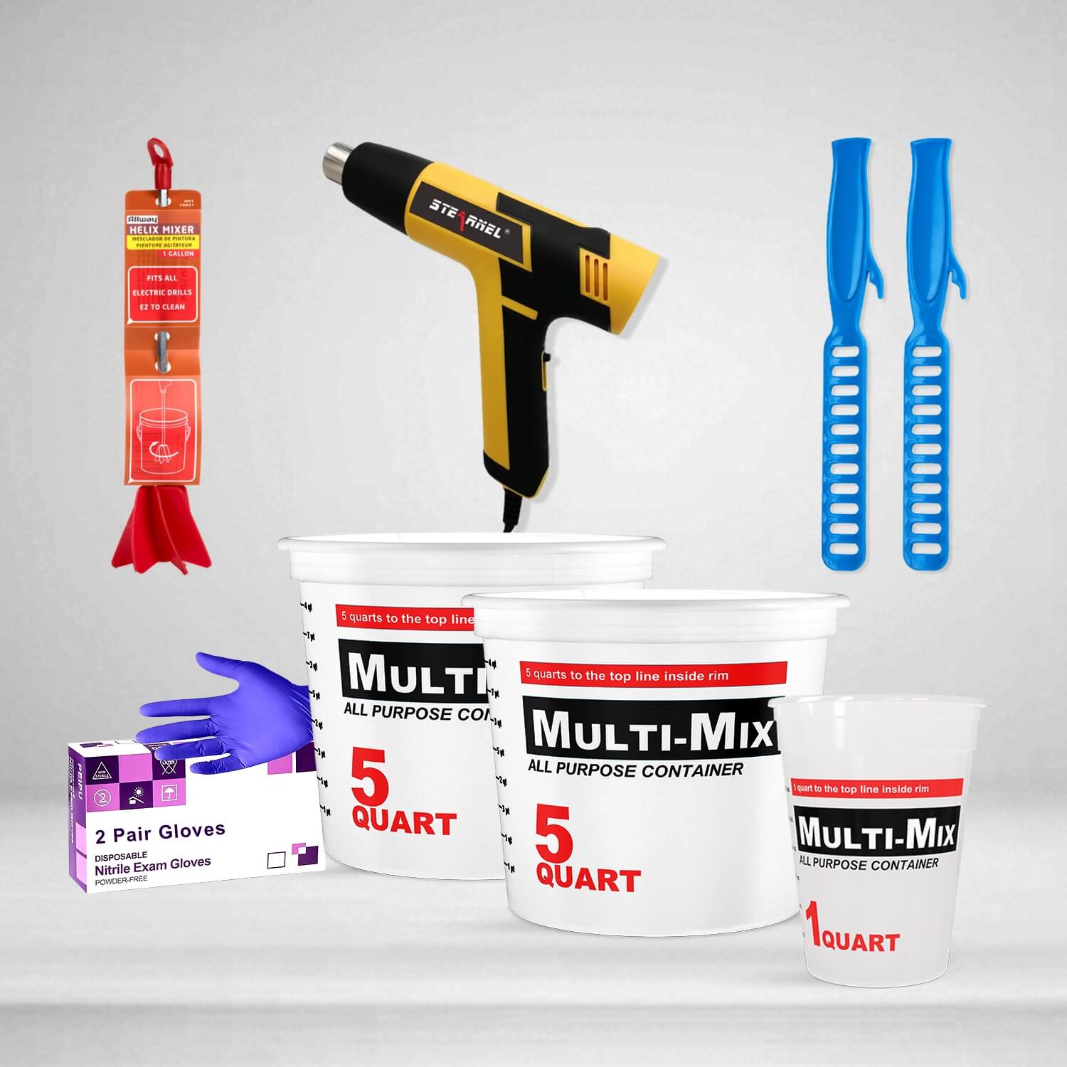 Basic epoxy resin tool kit with Multi-Mix graduated containers, heat gun, disposable gloves, and mixing tools on gray background