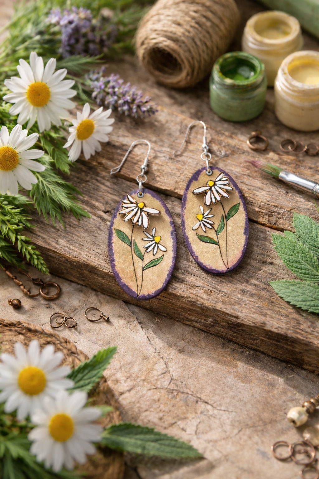 Hand-painted daisy oval earrings with purple edge on rustic wood background with flowers and paint jars - handmade floral dangle earrings