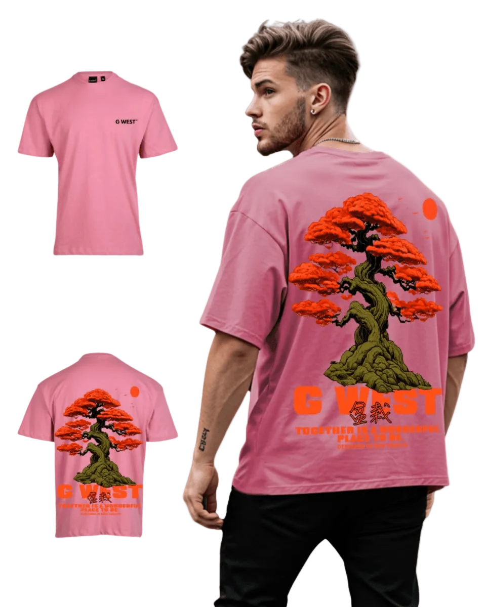 Man wearing pink oversized t-shirt with bonsai tree design on back, shown with front and back detail views - sustainable streetwear graphic tee