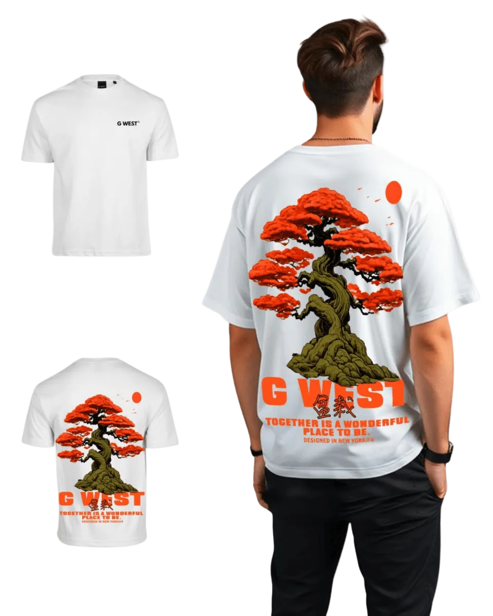 Man wearing white oversized t-shirt with bonsai tree design on back, shown with front and back detail views - sustainable streetwear graphic tee