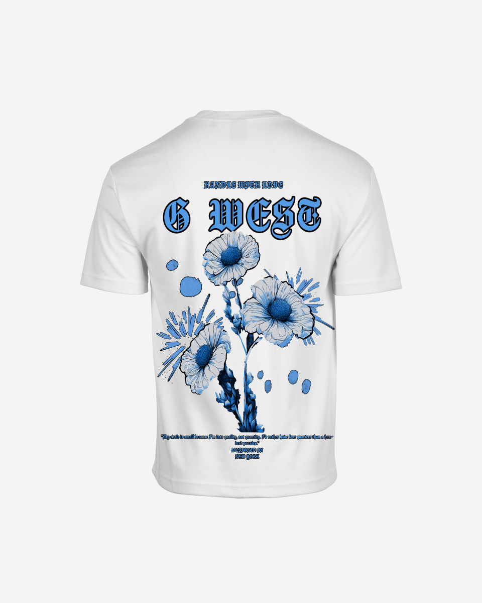 Back view of white oversized t-shirt with blue and white floral bonsai design and G West text on white background - eco-certified graphic tee