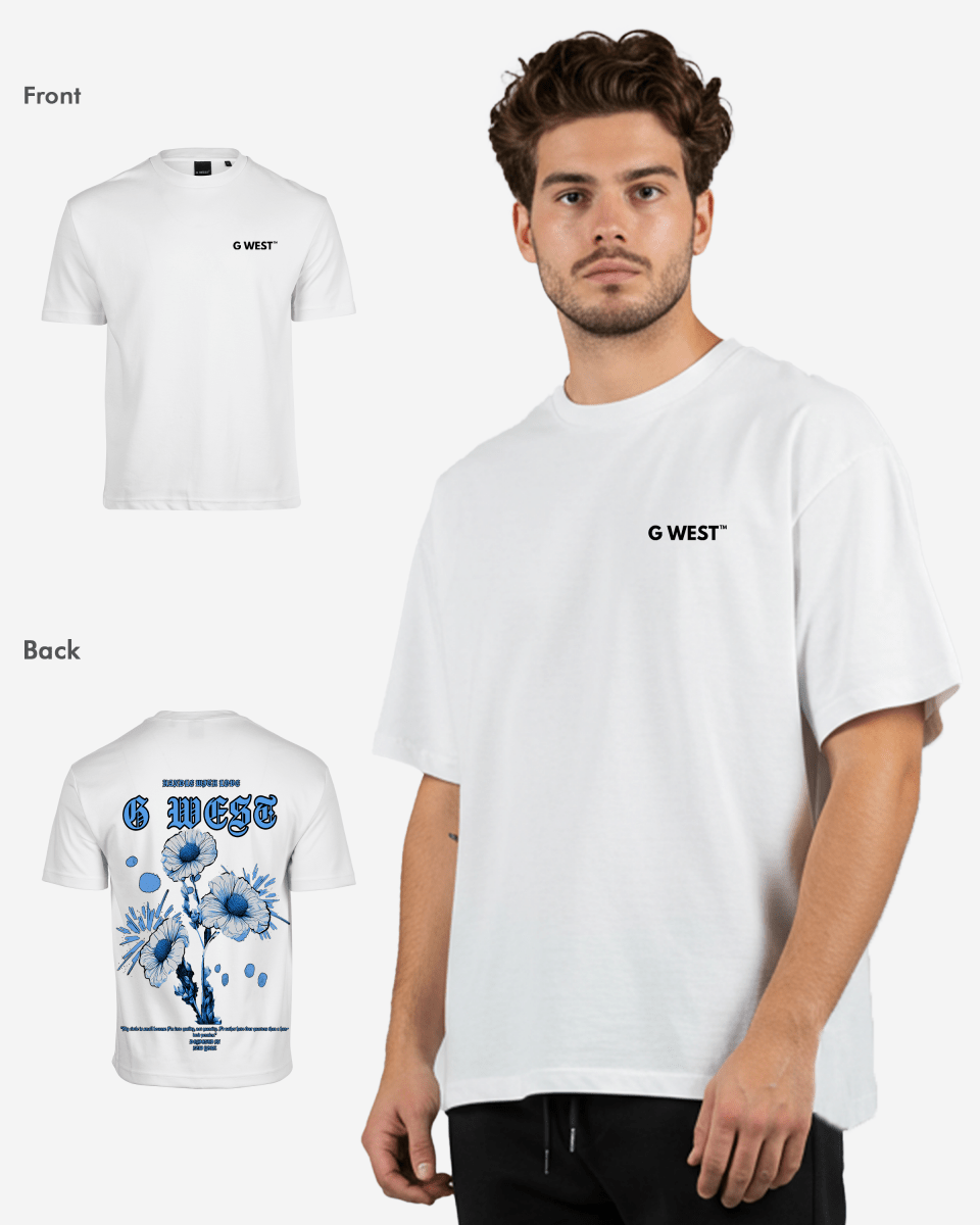 Man wearing white oversized t-shirt with G West branding, shown with front and back detail views - premium cotton streetwear
