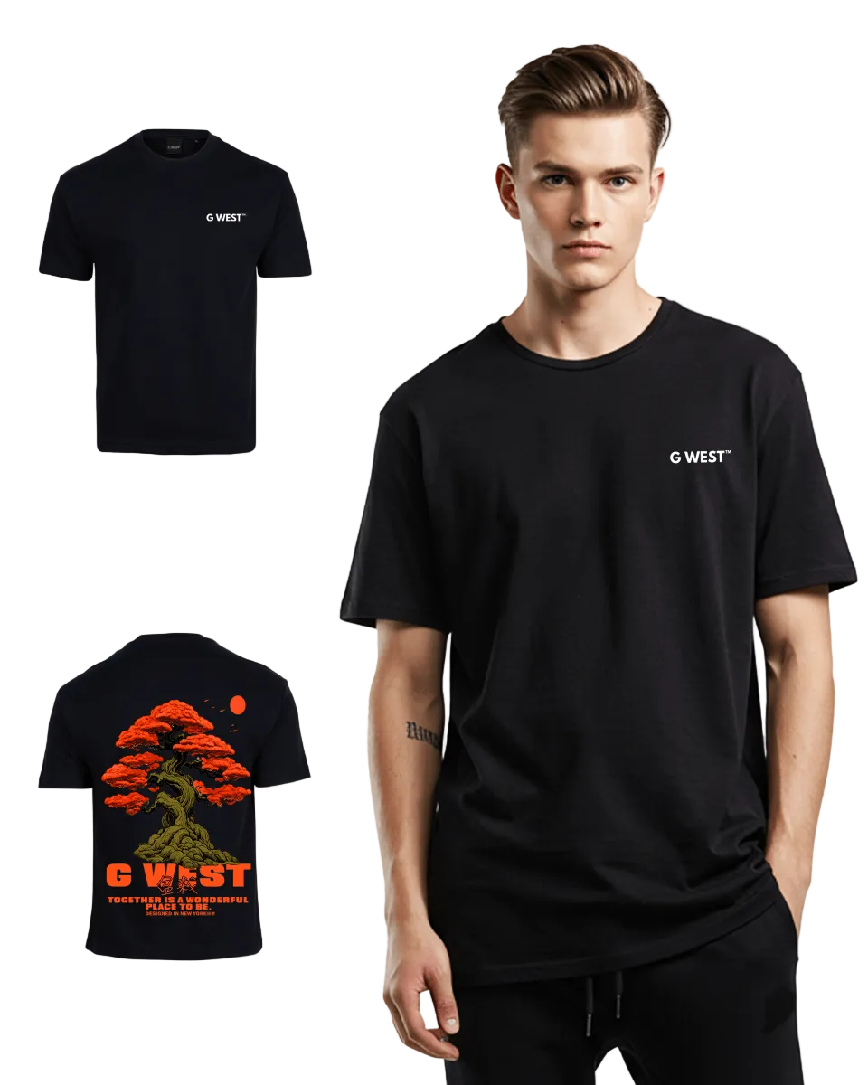Front view of man wearing black oversized t-shirt with G West branding on chest - eco-certified cotton tee