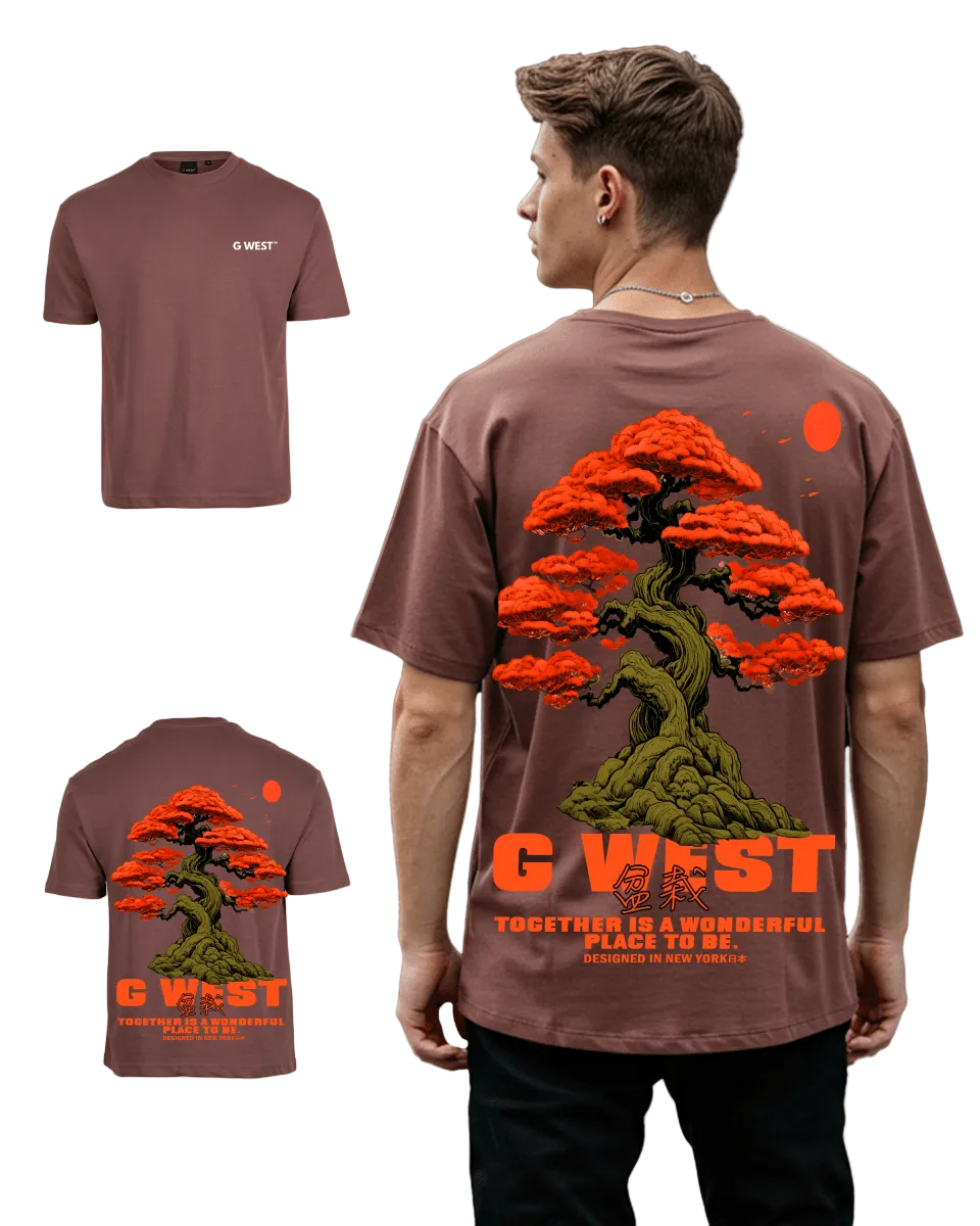 Man wearing brown oversized t-shirt with bonsai tree design on back, shown with front and back detail views - sustainable streetwear graphic tee