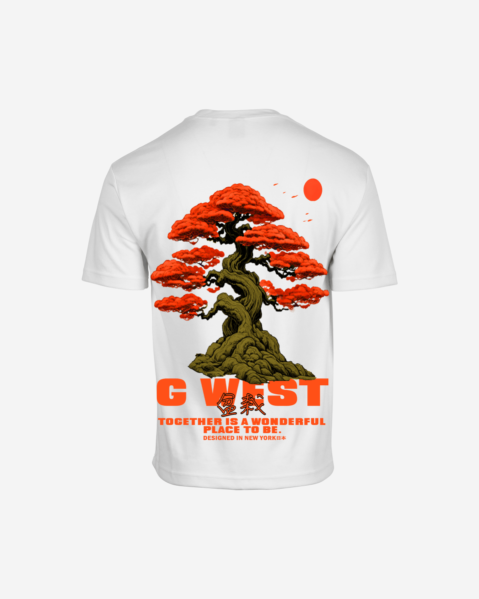 Close-up back view of white oversized t-shirt with bright orange bonsai tree and sun graphic featuring G West text on white background - premium cotton tee