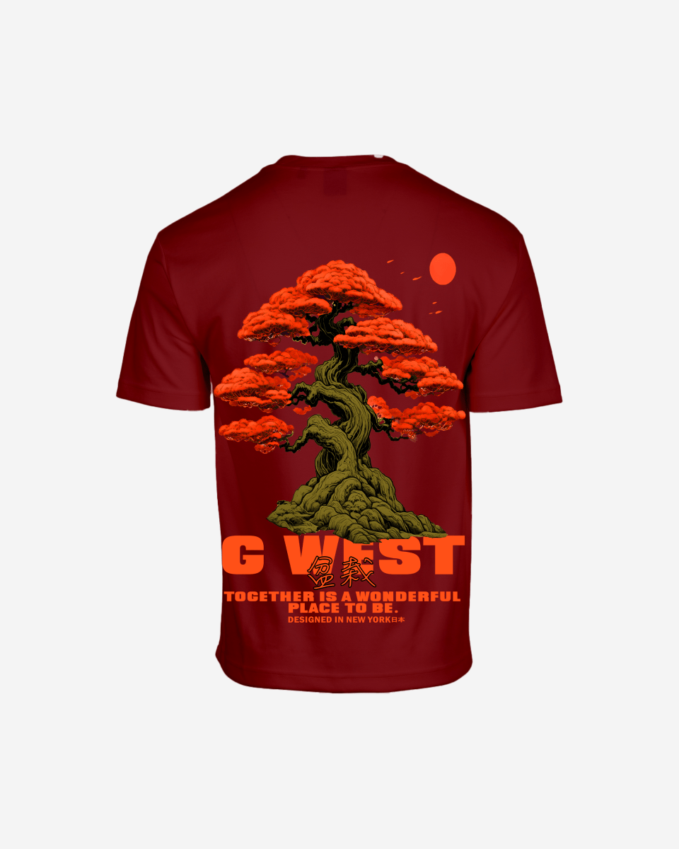 Close-up back view of burgundy oversized t-shirt with bright orange bonsai tree and sun graphic featuring G West text on white background - premium cotton tee