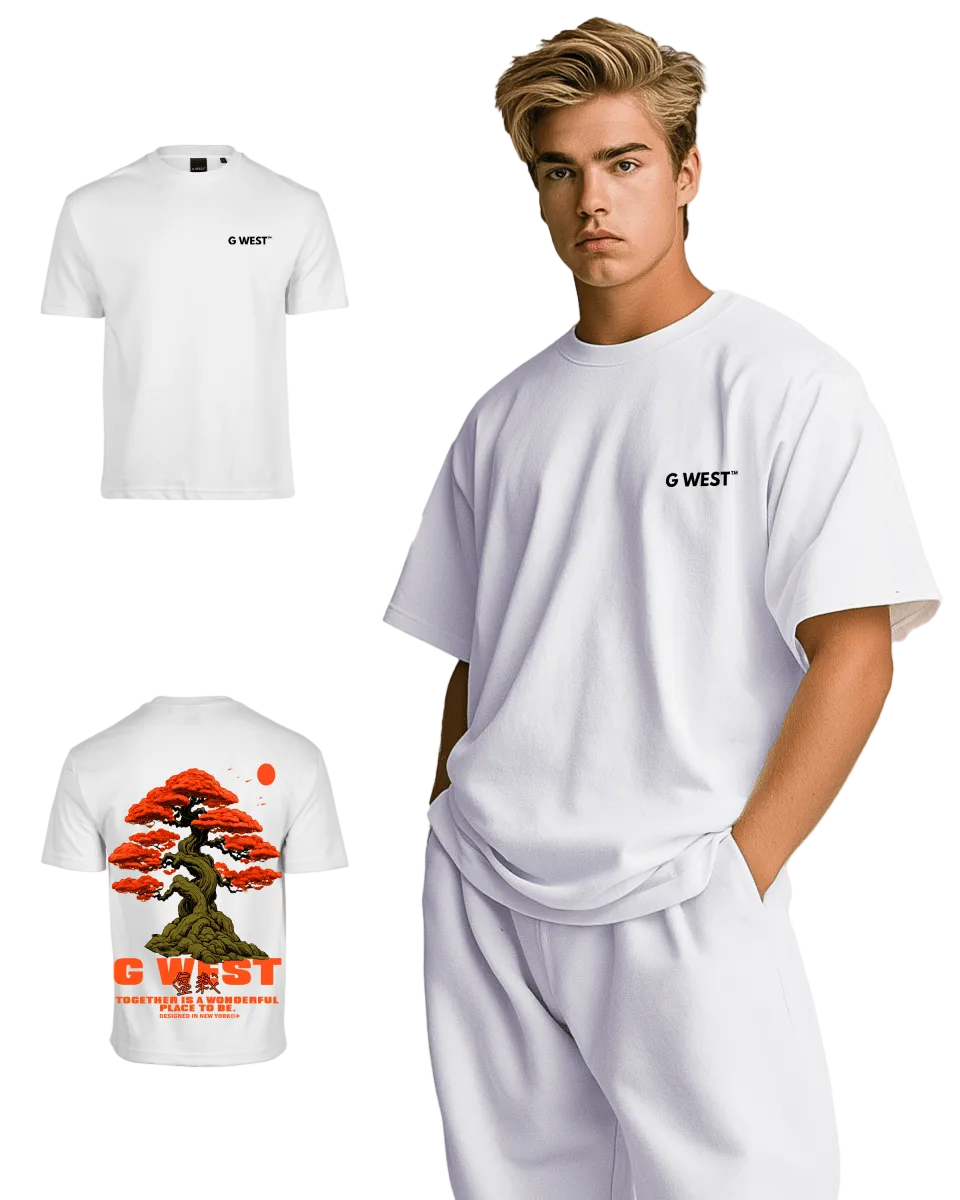 Front view of man wearing white oversized t-shirt with G West branding on chest - eco-certified cotton tee