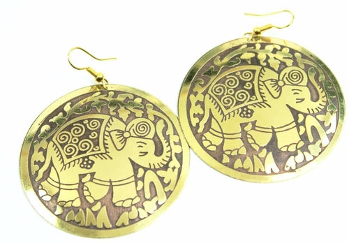 Brown and gold elephant earrings on a white background