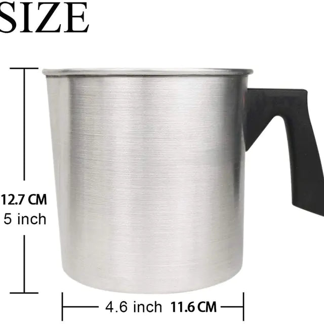 5 inch stainless steel wax melting pitcher with black handle and measurements on white background