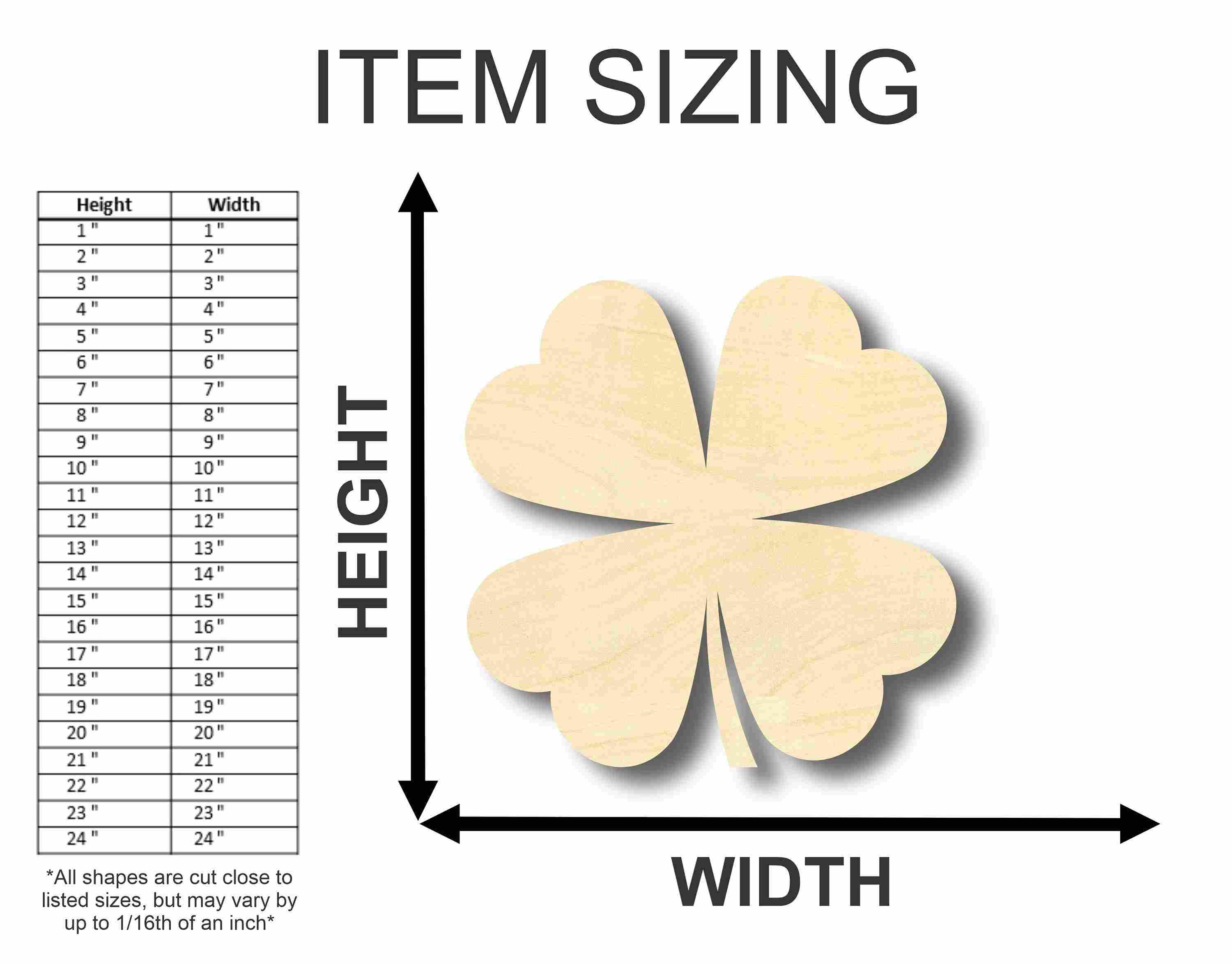Measurement chart for a four-leaf clover-shaped item with height and width dimensions.