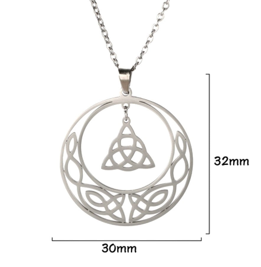 Silver necklace with a circular pendant featuring a Celtic knot design, shown with measurements on a white background.
