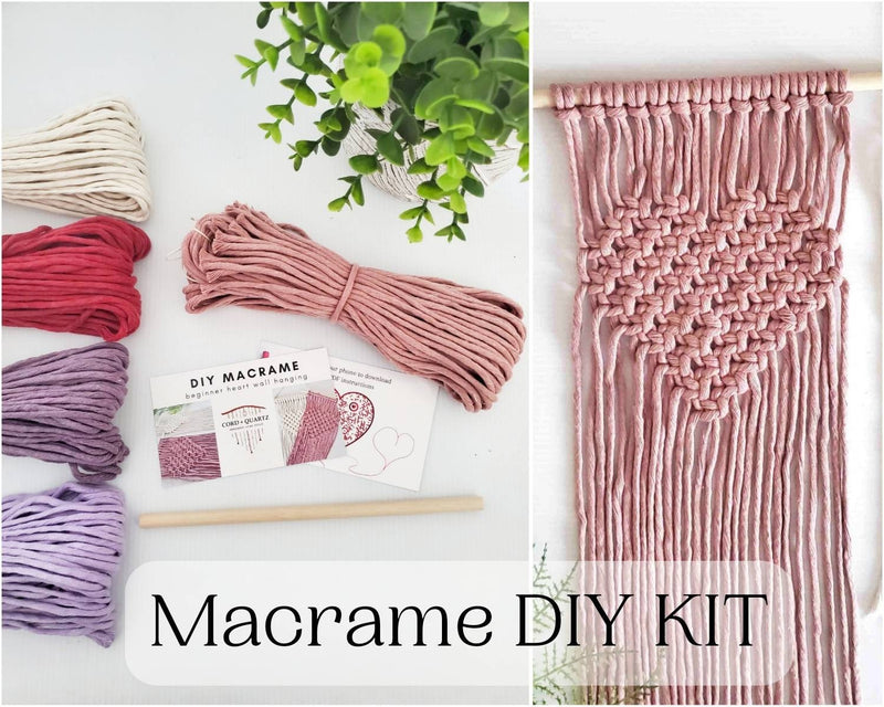 Macrame DIY kit with yarn, tools, and completed pink heart wall hanging on light background for Valentine's Day craft