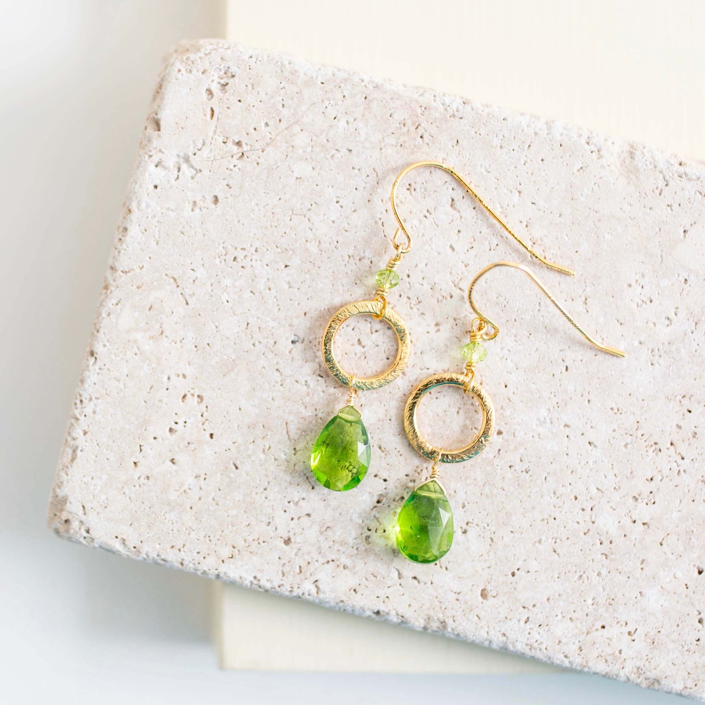 Peridot green quartz gold drop earrings in 14K gold plated sterling silver with teardrop stones for St. Patrick's Day